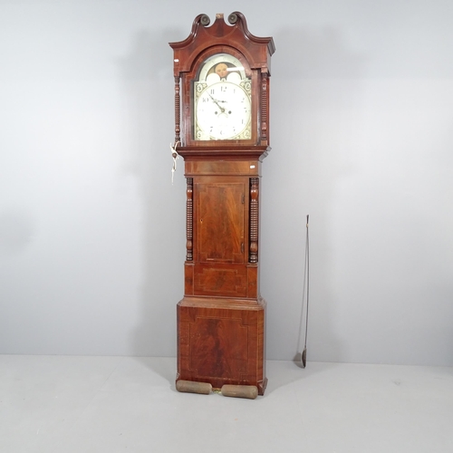 2065 - A 19th century flame mahogany and satinwood strung 8-day longcase clock, having a hand painted 14