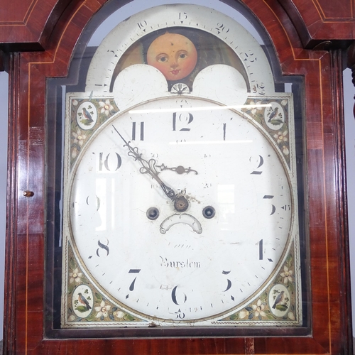 2065 - A 19th century flame mahogany and satinwood strung 8-day longcase clock, having a hand painted 14