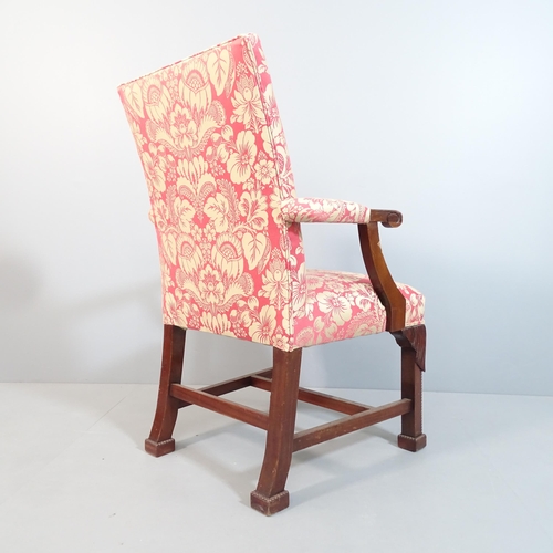 2068 - A mahogany and upholstered Gainsborough style open armchair, with carved decoration. Overall 65x102x... 