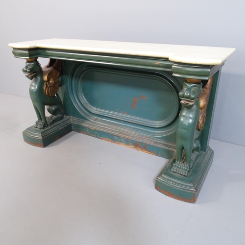 2071 - An antique green painted and marble topped hall or side table, with figural griffin supports. 100x54... 