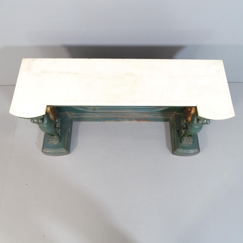 2071 - An antique green painted and marble topped hall or side table, with figural griffin supports. 100x54... 