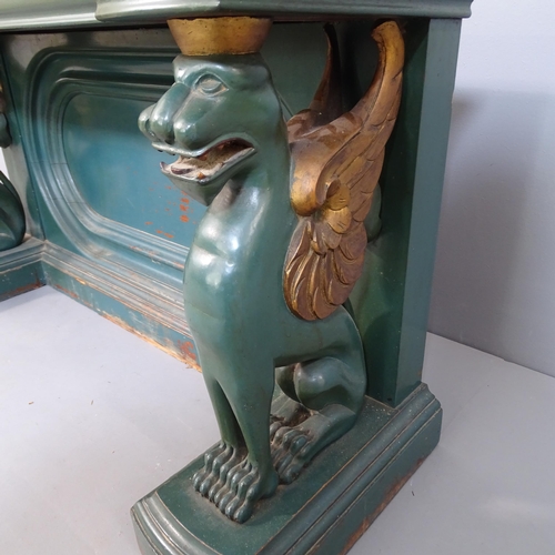 2071 - An antique green painted and marble topped hall or side table, with figural griffin supports. 100x54... 