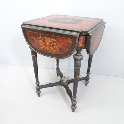 2106 - A French Napoleon III ebonised drop-leaf clover game table / gueridon, with marquetry inlaid floral ... 