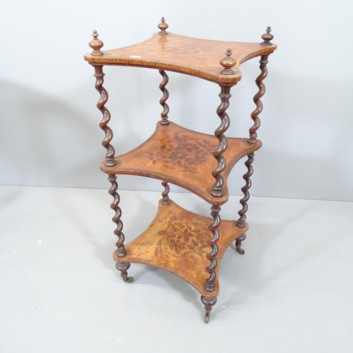 2118 - A Victorian mahogany and rosewood three-tier whatnot, with barley twist supports and brass casters. ... 