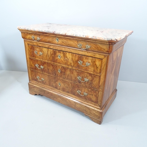 2122 - A French figured walnut four drawer commode with red and white veined marble top. 131x101x63cm.