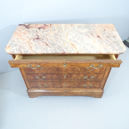 2122 - A French figured walnut four drawer commode with red and white veined marble top. 131x101x63cm.