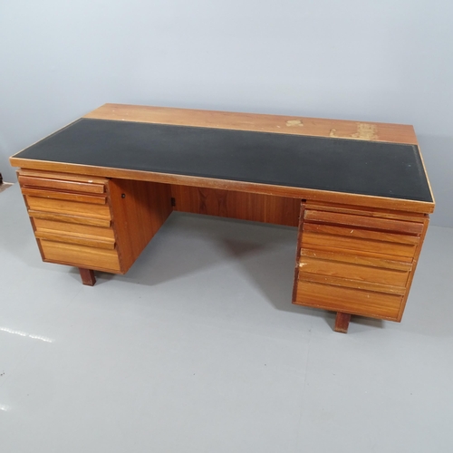 2010 - A mid-century Danish style teak twin-pedestal desk in the manner of Andreas Pedersen, with embossed ... 