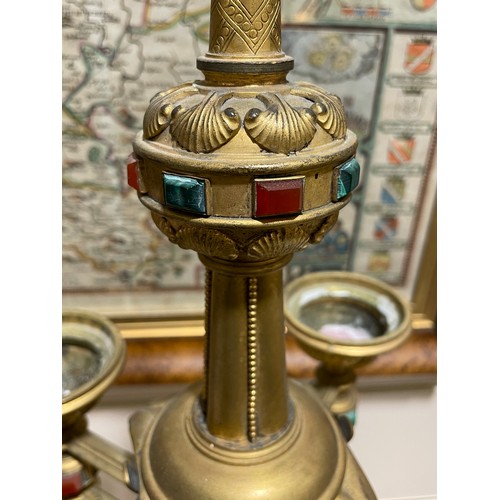 63 - A 19th century Gothic Revival hardstone and enamel inlaid gilt-bronze 5-light table candelabrum, wit... 