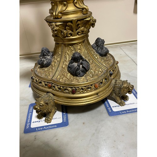 63 - A 19th century Gothic Revival hardstone and enamel inlaid gilt-bronze 5-light table candelabrum, wit... 