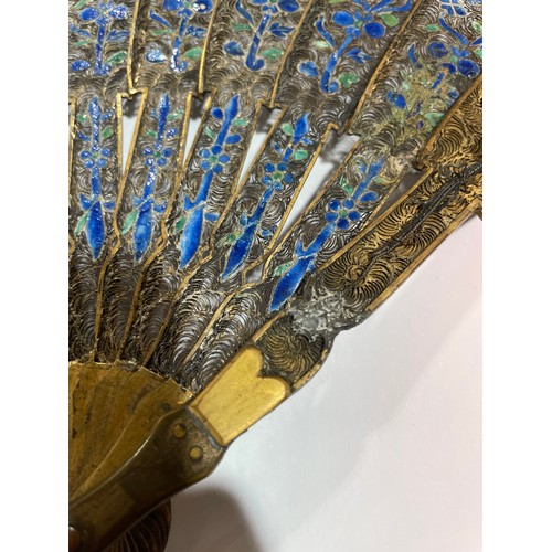 325 - A 19th century Chinese unmarked silver and enamel fan, with hand painted paper screen, length 28cm