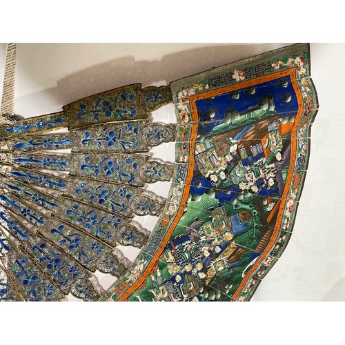 325 - A 19th century Chinese unmarked silver and enamel fan, with hand painted paper screen, length 28cm