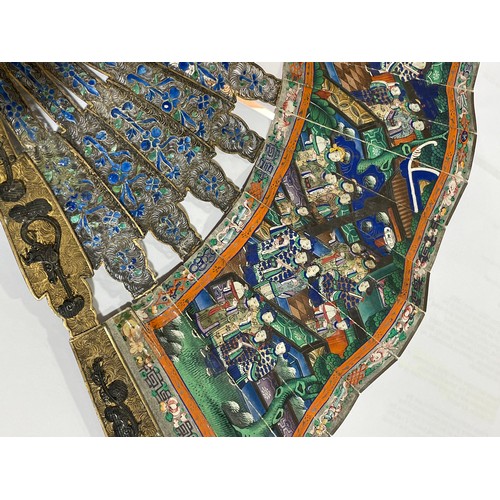 325 - A 19th century Chinese unmarked silver and enamel fan, with hand painted paper screen, length 28cm