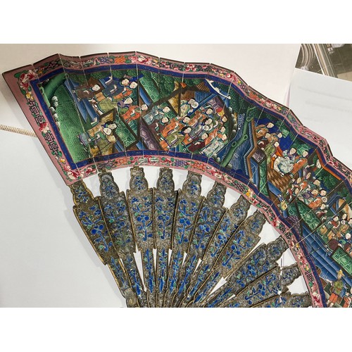 325 - A 19th century Chinese unmarked silver and enamel fan, with hand painted paper screen, length 28cm