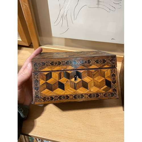 76 - 2 x 19th century Tunbridge Ware boxes, comprising a cube parquetry inlaid stationery box with slopin... 