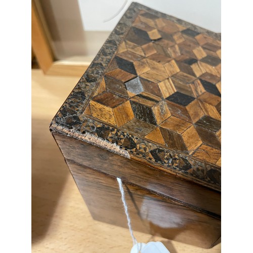 76 - 2 x 19th century Tunbridge Ware boxes, comprising a cube parquetry inlaid stationery box with slopin... 