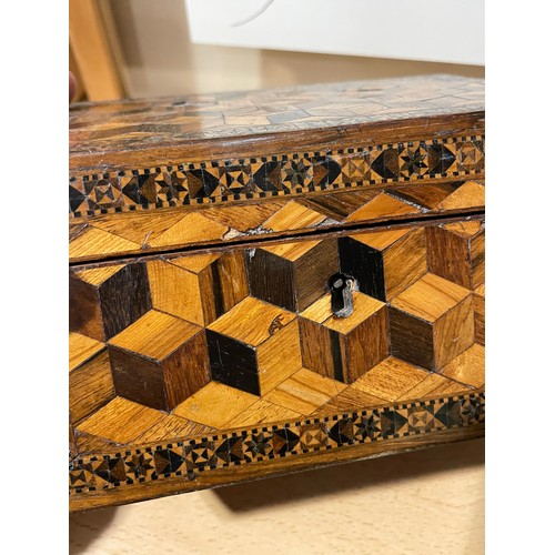 76 - 2 x 19th century Tunbridge Ware boxes, comprising a cube parquetry inlaid stationery box with slopin... 