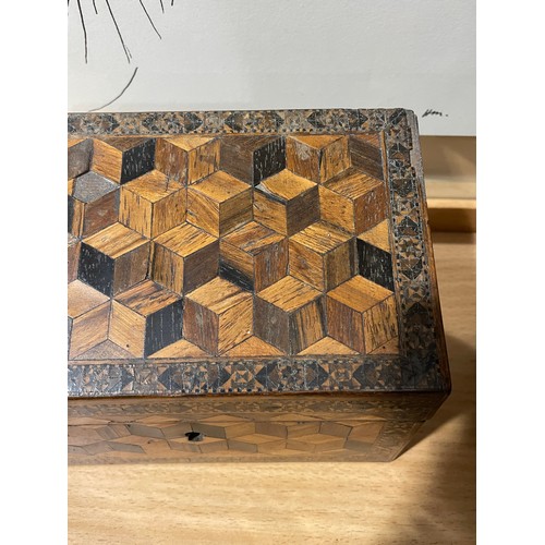 76 - 2 x 19th century Tunbridge Ware boxes, comprising a cube parquetry inlaid stationery box with slopin... 