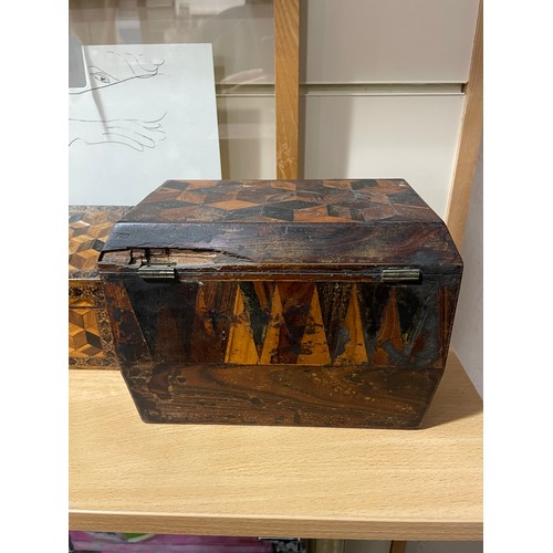 76 - 2 x 19th century Tunbridge Ware boxes, comprising a cube parquetry inlaid stationery box with slopin... 