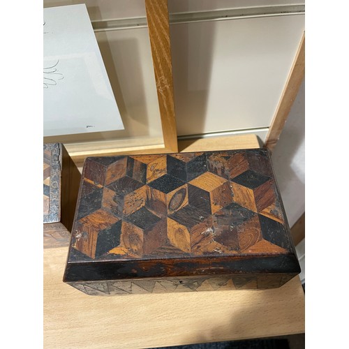 76 - 2 x 19th century Tunbridge Ware boxes, comprising a cube parquetry inlaid stationery box with slopin... 