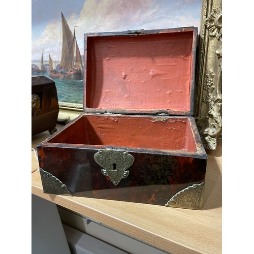 75 - 19th century tortoiseshell and brass-mounted jewel casket, engraved brass mounts, 22cm x 16cm x 11cm