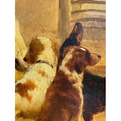 729 - Henry Hall (circa 1820 - circa 1890), gamekeeper ponies and hounds in the farmyard, oil on canvas, s... 