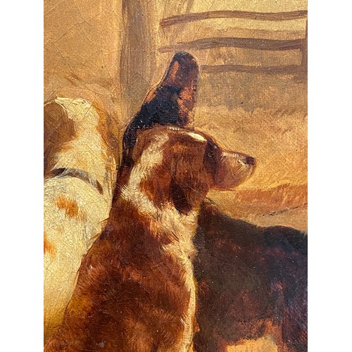 729 - Henry Hall (circa 1820 - circa 1890), gamekeeper ponies and hounds in the farmyard, oil on canvas, s... 