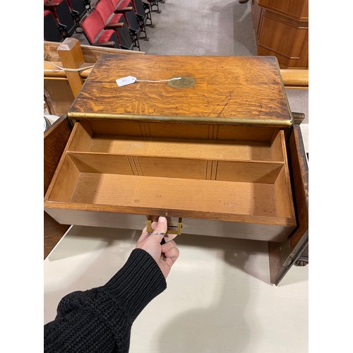 19 - A Victorian brass-bound oak cabinet, with 2 front doors enclosing 3 inner drawers, width 47cm, depth... 