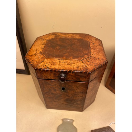 83 - 2 x 18th century tea caddies, comprising a burr-walnut caddy with canted corners, height 13cm, width... 