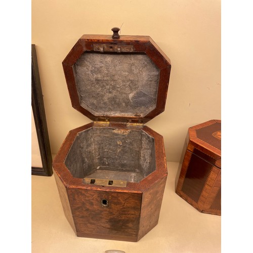 83 - 2 x 18th century tea caddies, comprising a burr-walnut caddy with canted corners, height 13cm, width... 