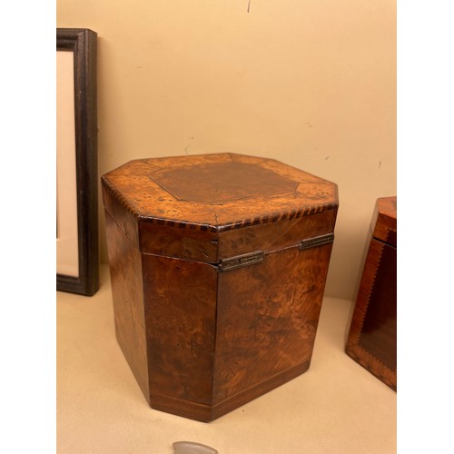 83 - 2 x 18th century tea caddies, comprising a burr-walnut caddy with canted corners, height 13cm, width... 