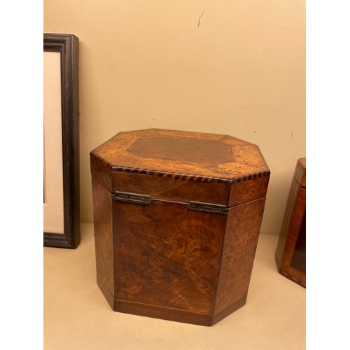 83 - 2 x 18th century tea caddies, comprising a burr-walnut caddy with canted corners, height 13cm, width... 