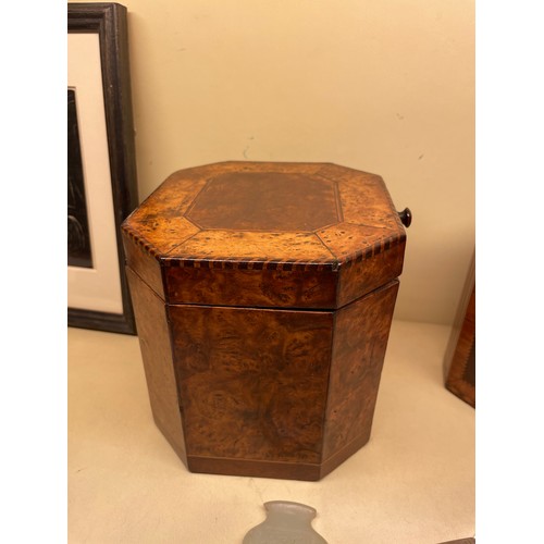 83 - 2 x 18th century tea caddies, comprising a burr-walnut caddy with canted corners, height 13cm, width... 