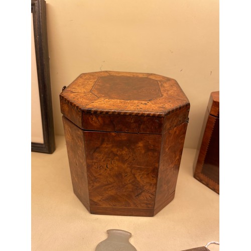 83 - 2 x 18th century tea caddies, comprising a burr-walnut caddy with canted corners, height 13cm, width... 