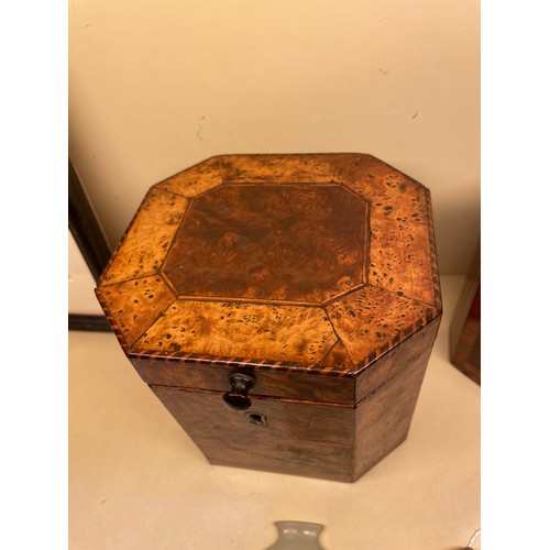 83 - 2 x 18th century tea caddies, comprising a burr-walnut caddy with canted corners, height 13cm, width... 