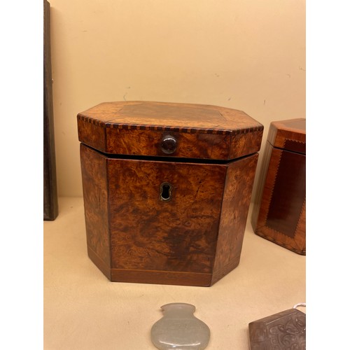 83 - 2 x 18th century tea caddies, comprising a burr-walnut caddy with canted corners, height 13cm, width... 