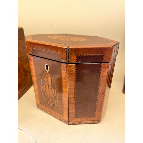 83 - 2 x 18th century tea caddies, comprising a burr-walnut caddy with canted corners, height 13cm, width... 