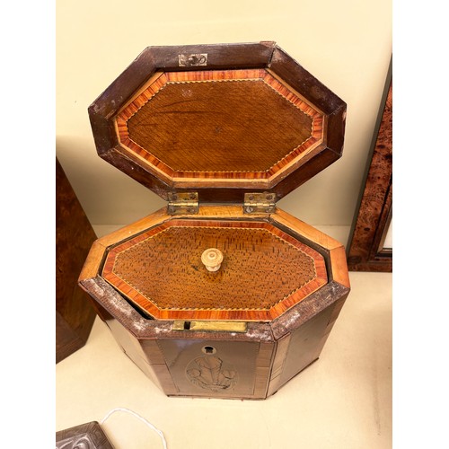 83 - 2 x 18th century tea caddies, comprising a burr-walnut caddy with canted corners, height 13cm, width... 