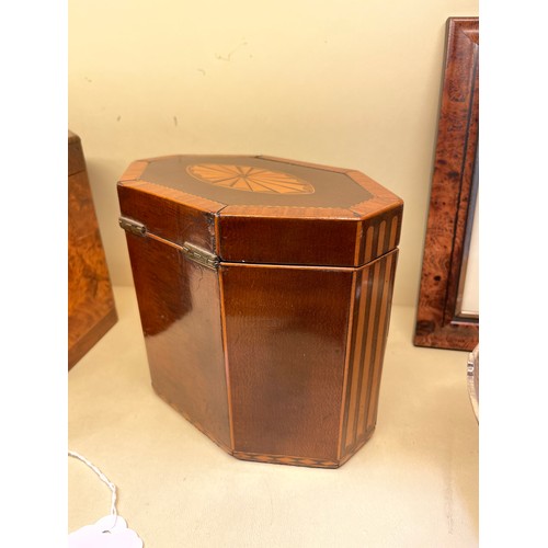 83 - 2 x 18th century tea caddies, comprising a burr-walnut caddy with canted corners, height 13cm, width... 