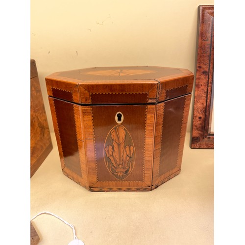 83 - 2 x 18th century tea caddies, comprising a burr-walnut caddy with canted corners, height 13cm, width... 