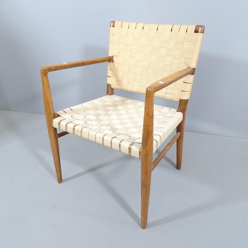 2025 - A mid-century Danish teak open arm desk chair, with wool and cotton strap seat and back panels.