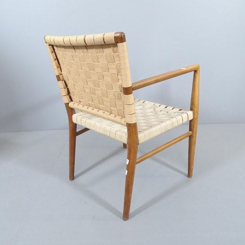 2025 - A mid-century Danish teak open arm desk chair, with wool and cotton strap seat and back panels.