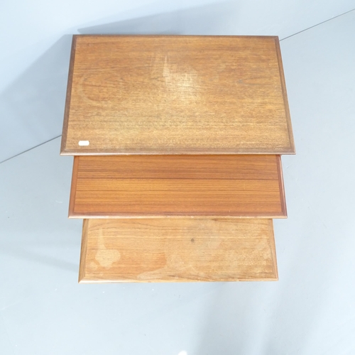 2047 - A mid-century Danish teak nest of three occasional tables with label for BC Mobler. Largest 60x52x39... 