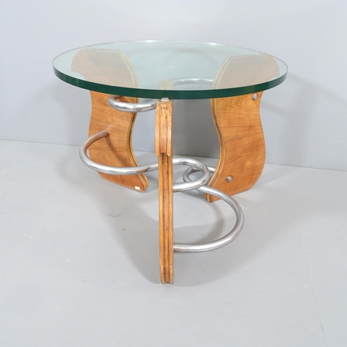 2048 - A 1930s Art Deco modernist coffee table in the manner of Denham Maclaren, the three S-shaped steel t... 