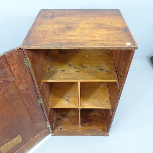 2155 - An antique gothic oak cupboard with single carved and panelled door and shelf fitted interior. 67x11... 