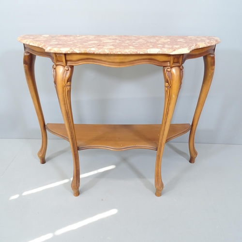 2159 - A French cherrywood and marble top two-tier console table. 101x78x37cm.