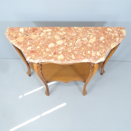 2159 - A French cherrywood and marble top two-tier console table. 101x78x37cm.