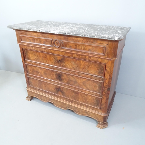 2168 - A French walnut marble top commode chest of four drawers. 129x105x58cm. With key.