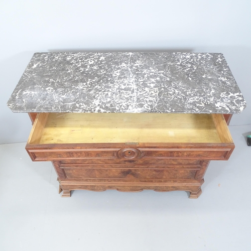 2168 - A French walnut marble top commode chest of four drawers. 129x105x58cm. With key.