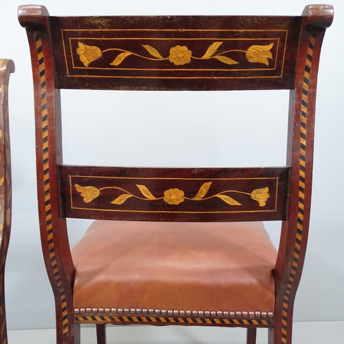 2171 - A pair of 19th century Dutch Regency marquetry inlaid mahogany side chairs, with studded leather uph... 