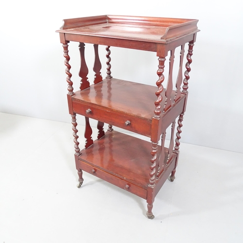 2175 - An early 20th century two-tier whatnot, with two drawers, barley twist supports and raised on brass ... 